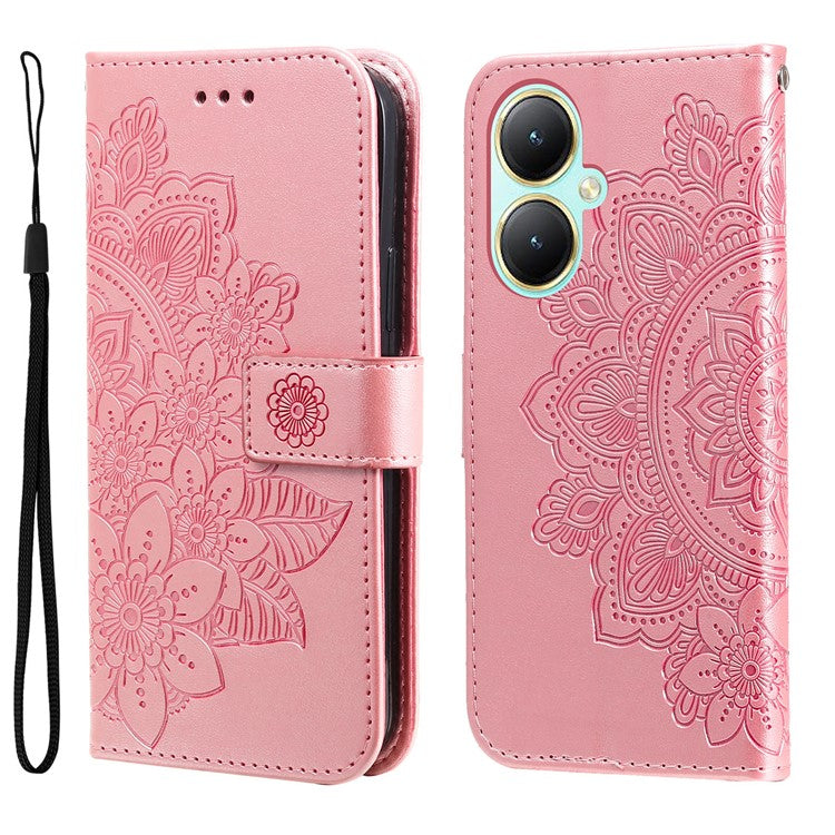 For vivo Y35m+ 5G / Y35+ 5G Wallet Case Imprinted Flower Pattern PU Leather Stand Phone Cover - Pink