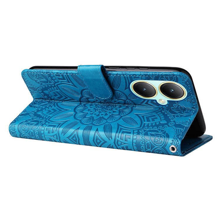 For vivo Y35m+ 5G / Y35+ 5G PU Leather Wallet Case Stand Sunflower Imprinted Phone Cover - Blue