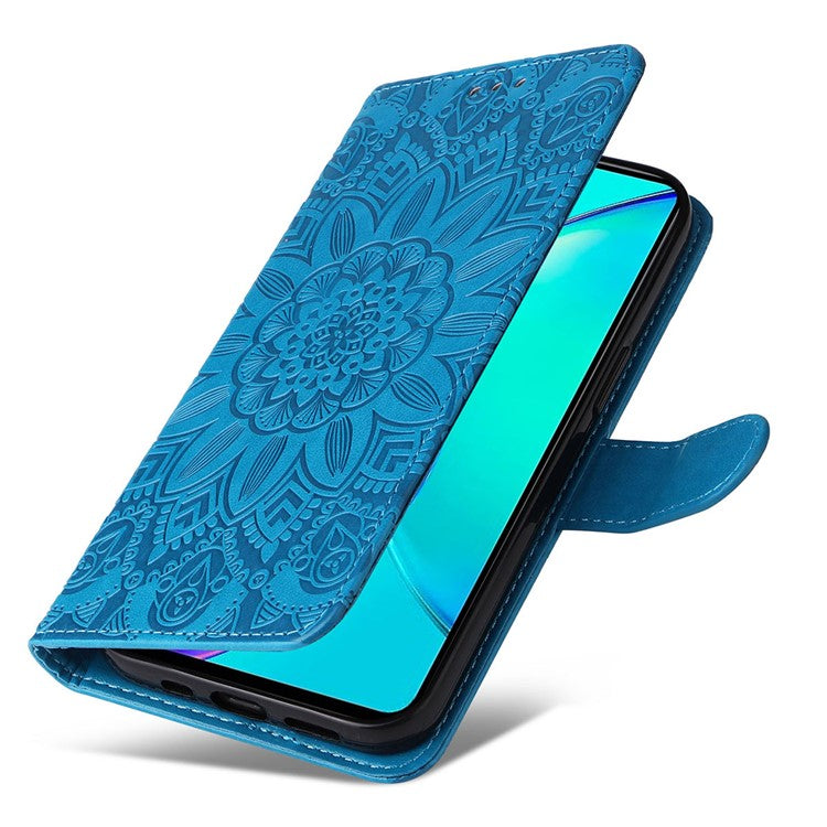 For vivo Y35m+ 5G / Y35+ 5G PU Leather Wallet Case Stand Sunflower Imprinted Phone Cover - Blue