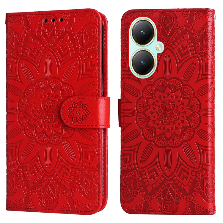 For vivo Y35m+ 5G / Y35+ 5G PU Leather Wallet Case Stand Sunflower Imprinted Phone Cover - Red