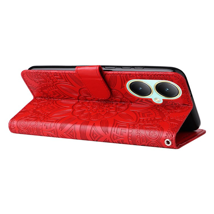 For vivo Y35m+ 5G / Y35+ 5G PU Leather Wallet Case Stand Sunflower Imprinted Phone Cover - Red