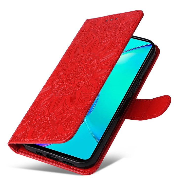 For vivo Y35m+ 5G / Y35+ 5G PU Leather Wallet Case Stand Sunflower Imprinted Phone Cover - Red