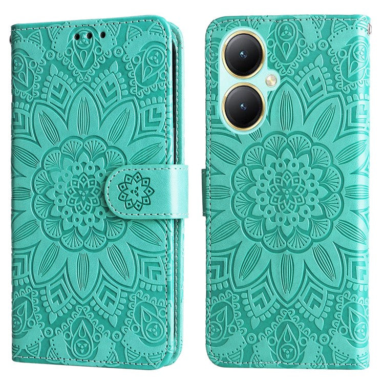 For vivo Y35m+ 5G / Y35+ 5G PU Leather Wallet Case Stand Sunflower Imprinted Phone Cover - Green