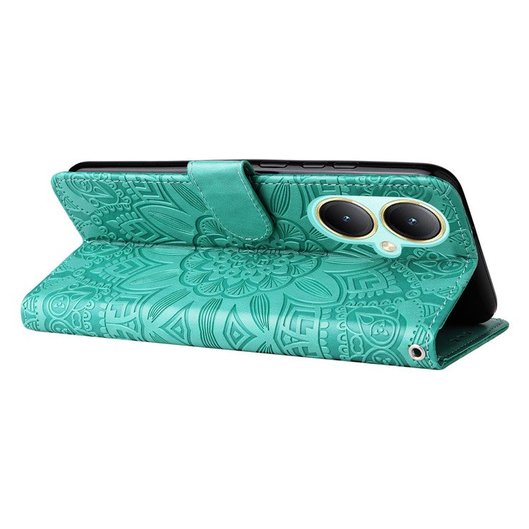 For vivo Y35m+ 5G / Y35+ 5G PU Leather Wallet Case Stand Sunflower Imprinted Phone Cover - Green