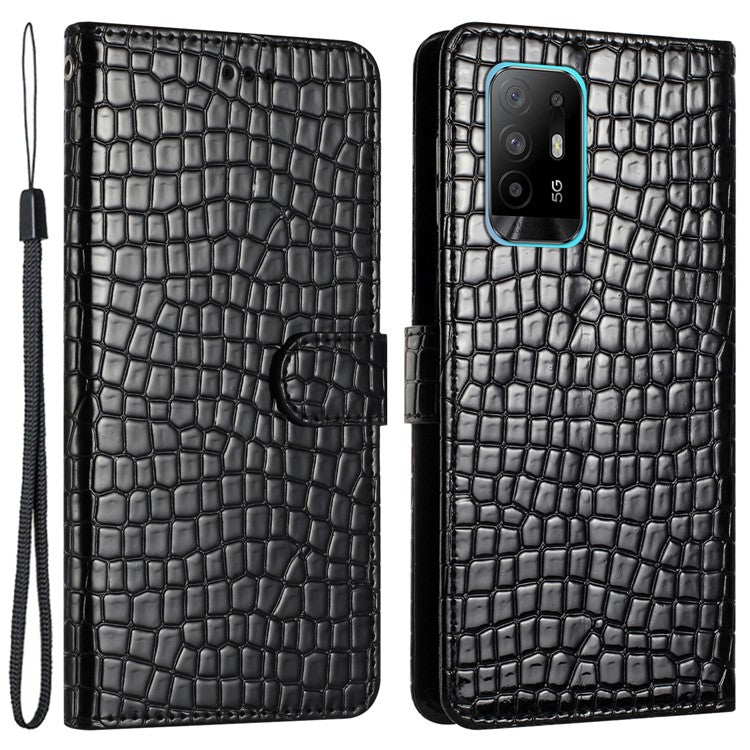 Shockproof Shell for Oppo A94 5G , Phone Leather Wallet Stand Cover Crocodile Texture Case with Strap - Black