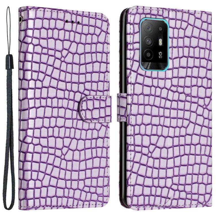 Shockproof Shell for Oppo A94 5G , Phone Leather Wallet Stand Cover Crocodile Texture Case with Strap - Purple