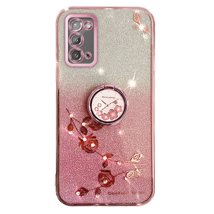 KADEM For Honor X10 Max / X30 Max Flower Pattern Glitter TPU Cover Drop Proof Phone Case with Ring Kickstand - Rose Gold