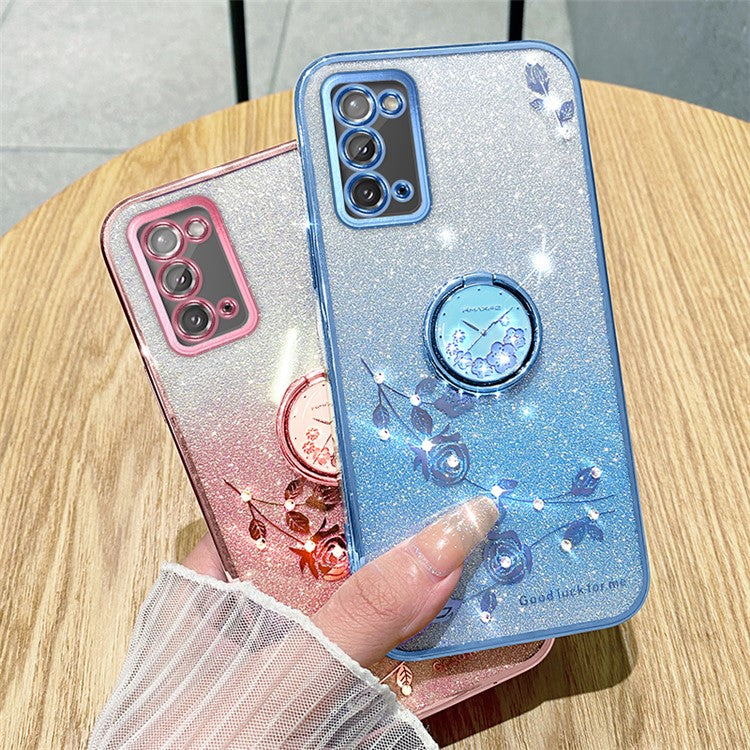 KADEM For Honor X10 Max / X30 Max Flower Pattern Glitter TPU Cover Drop Proof Phone Case with Ring Kickstand - Rose Gold