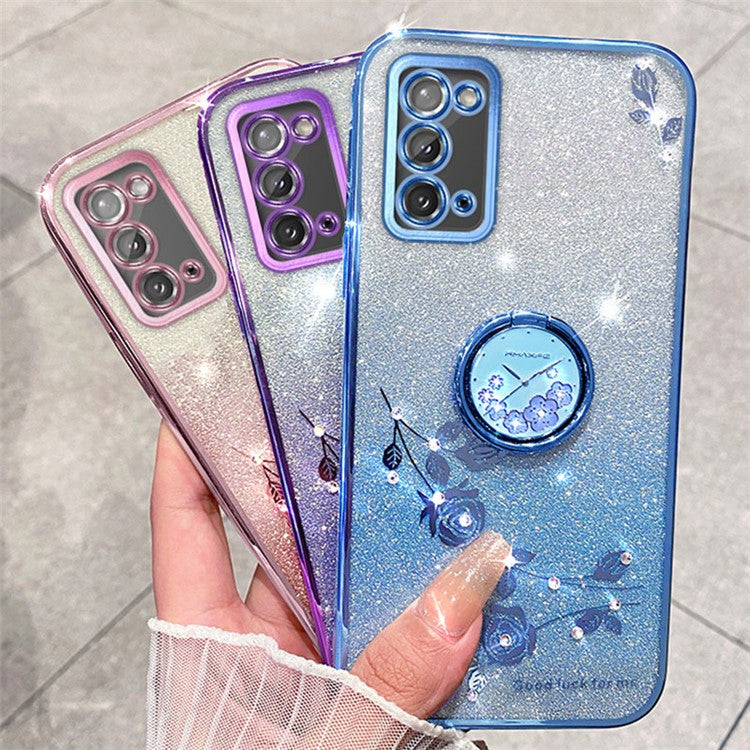 KADEM For Honor X10 Max / X30 Max Flower Pattern Glitter TPU Cover Drop Proof Phone Case with Ring Kickstand - Blue