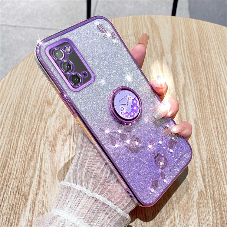 KADEM For Honor X10 Max / X30 Max Flower Pattern Glitter TPU Cover Drop Proof Phone Case with Ring Kickstand - Purple