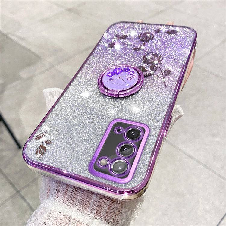 KADEM For Honor X10 Max / X30 Max Flower Pattern Glitter TPU Cover Drop Proof Phone Case with Ring Kickstand - Purple