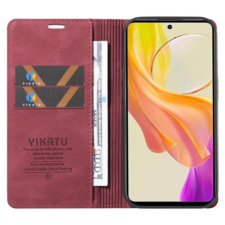 YIKATU YK-004 For vivo Y36 5G (Global) / Y78 5G (China) Fully Wrapped Leather Cover Skin-touch Stand Shell Wallet Phone Case - Wine Red