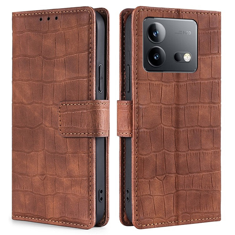 Crocodile Texture Phone Shell for vivo iQOO Neo8 5G / Neo8 Pro 5G , Skin-touch Leather Stand Cover Wallet Case - Brown