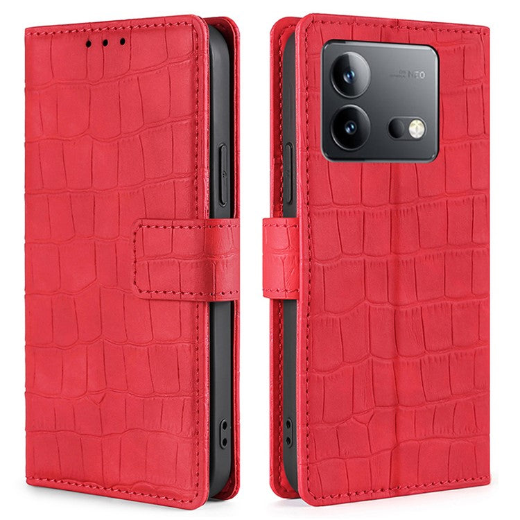 Crocodile Texture Phone Shell for vivo iQOO Neo8 5G / Neo8 Pro 5G , Skin-touch Leather Stand Cover Wallet Case - Red