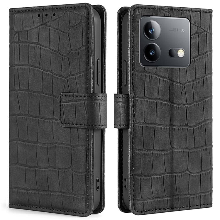 Crocodile Texture Phone Shell for vivo iQOO Neo8 5G / Neo8 Pro 5G , Skin-touch Leather Stand Cover Wallet Case - Black