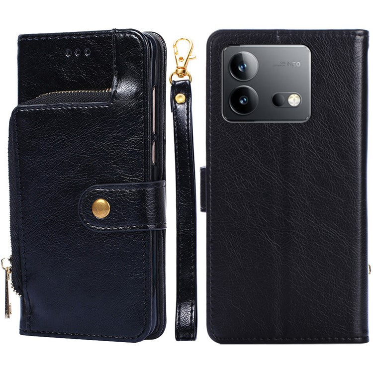 Mobile Phone Stand Case For vivo iQOO Neo8 Pro 5G / iQOO Neo8 5G , PU Leather Phone Cover Zippered Wallet with Strap - Black