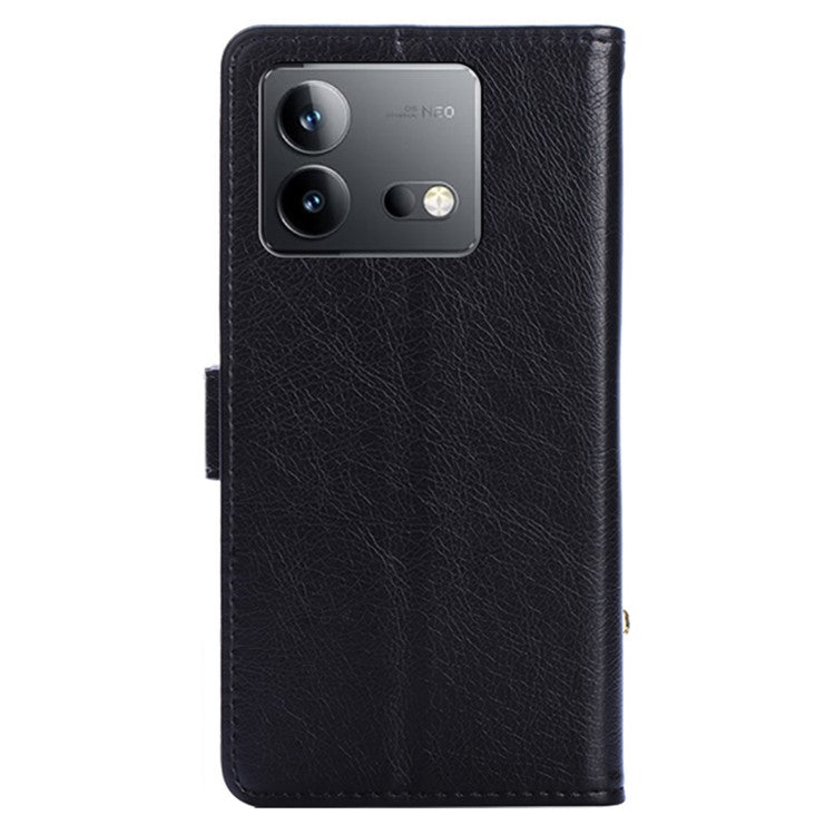 Mobile Phone Stand Case For vivo iQOO Neo8 Pro 5G / iQOO Neo8 5G , PU Leather Phone Cover Zippered Wallet with Strap - Black