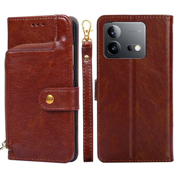 Mobile Phone Stand Case For vivo iQOO Neo8 Pro 5G / iQOO Neo8 5G , PU Leather Phone Cover Zippered Wallet with Strap - Brown