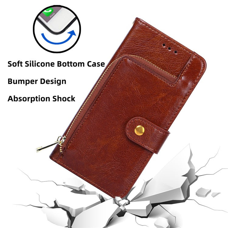 Mobile Phone Stand Case For vivo iQOO Neo8 Pro 5G / iQOO Neo8 5G , PU Leather Phone Cover Zippered Wallet with Strap - Brown