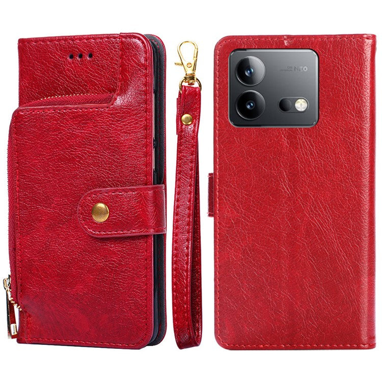 Mobile Phone Stand Case For vivo iQOO Neo8 Pro 5G / iQOO Neo8 5G , PU Leather Phone Cover Zippered Wallet with Strap - Red