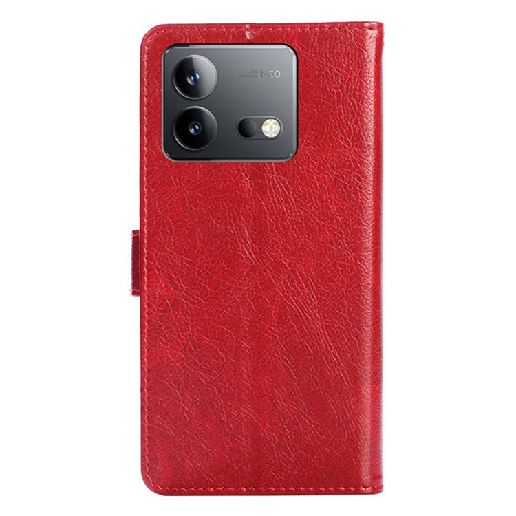 Mobile Phone Stand Case For vivo iQOO Neo8 Pro 5G / iQOO Neo8 5G , PU Leather Phone Cover Zippered Wallet with Strap - Red