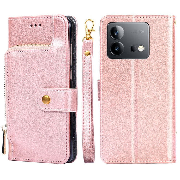 Mobile Phone Stand Case For vivo iQOO Neo8 Pro 5G / iQOO Neo8 5G , PU Leather Phone Cover Zippered Wallet with Strap - Rose Gold