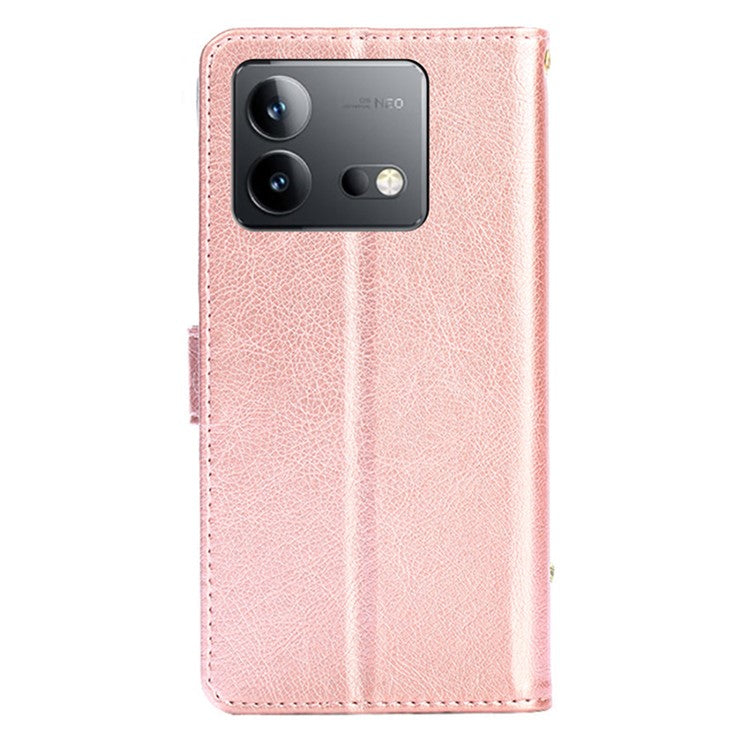 Mobile Phone Stand Case For vivo iQOO Neo8 Pro 5G / iQOO Neo8 5G , PU Leather Phone Cover Zippered Wallet with Strap - Rose Gold