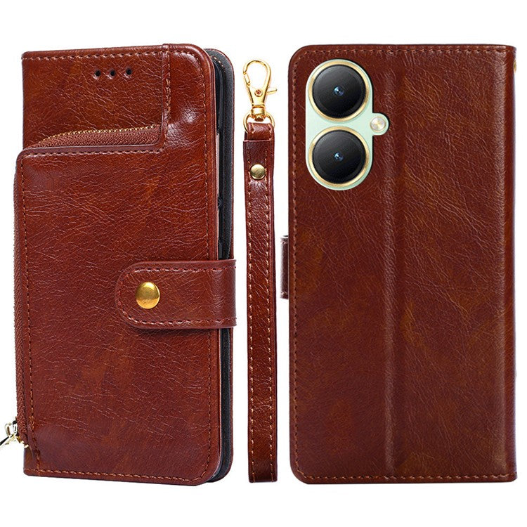 For vivo Y35m+ 5G / Y35+ 5G Zipper Pocket Phone Cover PU Leather Phone Stand Case Wallet with Strap - Brown