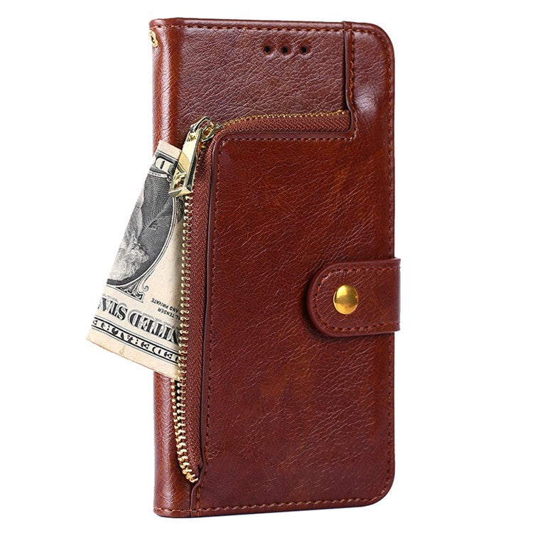 For vivo Y35m+ 5G / Y35+ 5G Zipper Pocket Phone Cover PU Leather Phone Stand Case Wallet with Strap - Brown