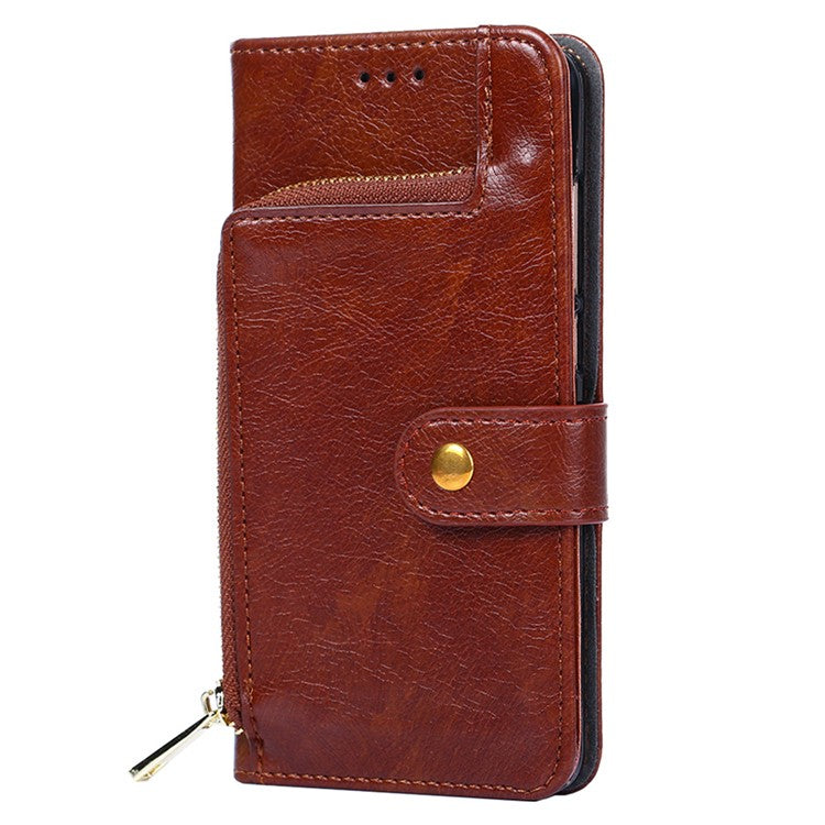 For vivo Y35m+ 5G / Y35+ 5G Zipper Pocket Phone Cover PU Leather Phone Stand Case Wallet with Strap - Brown