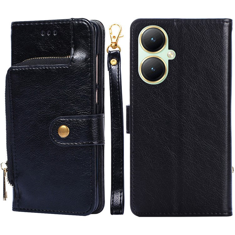 For vivo Y35m+ 5G / Y35+ 5G Zipper Pocket Phone Cover PU Leather Phone Stand Case Wallet with Strap - Black