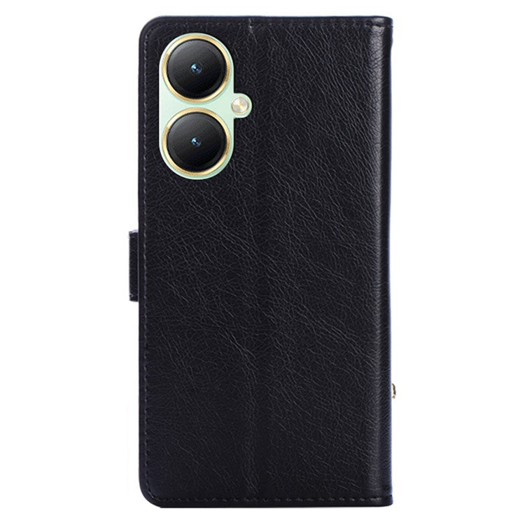 For vivo Y35m+ 5G / Y35+ 5G Zipper Pocket Phone Cover PU Leather Phone Stand Case Wallet with Strap - Black