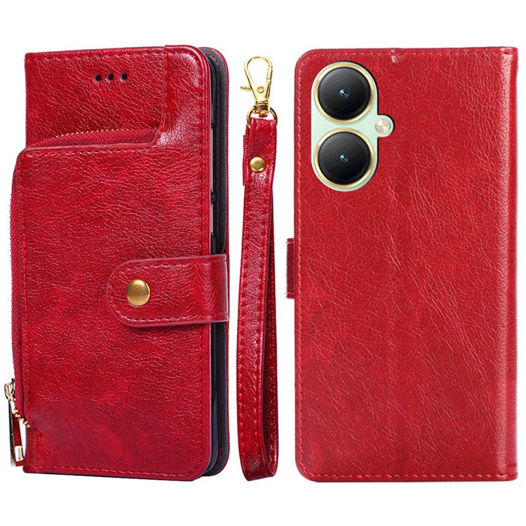 For vivo Y35m+ 5G / Y35+ 5G Zipper Pocket Phone Cover PU Leather Phone Stand Case Wallet with Strap - Red