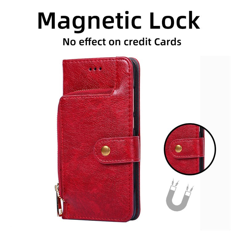 For vivo Y35m+ 5G / Y35+ 5G Zipper Pocket Phone Cover PU Leather Phone Stand Case Wallet with Strap - Red