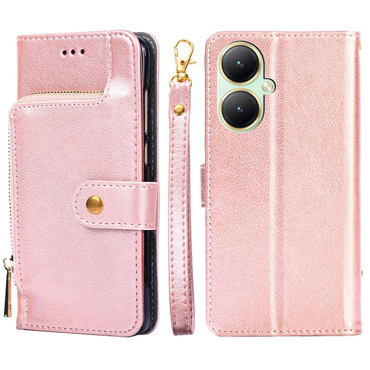 For vivo Y35m+ 5G / Y35+ 5G Zipper Pocket Phone Cover PU Leather Phone Stand Case Wallet with Strap - Rose Gold