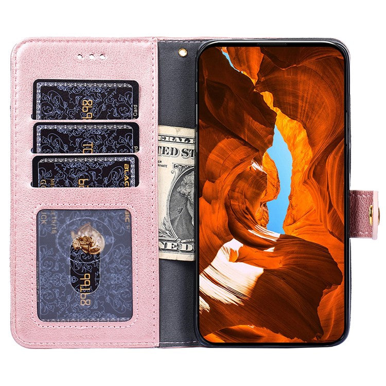 For vivo Y35m+ 5G / Y35+ 5G Zipper Pocket Phone Cover PU Leather Phone Stand Case Wallet with Strap - Rose Gold