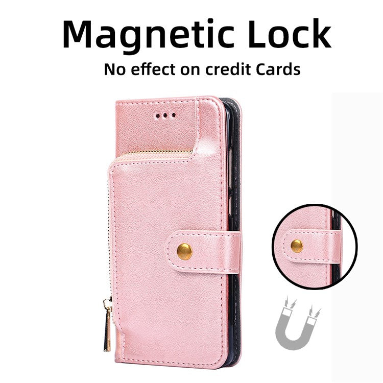 For vivo Y35m+ 5G / Y35+ 5G Zipper Pocket Phone Cover PU Leather Phone Stand Case Wallet with Strap - Rose Gold