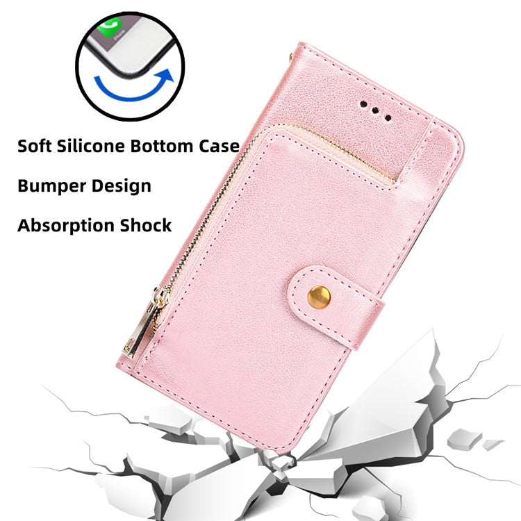 For vivo Y35m+ 5G / Y35+ 5G Zipper Pocket Phone Cover PU Leather Phone Stand Case Wallet with Strap - Rose Gold