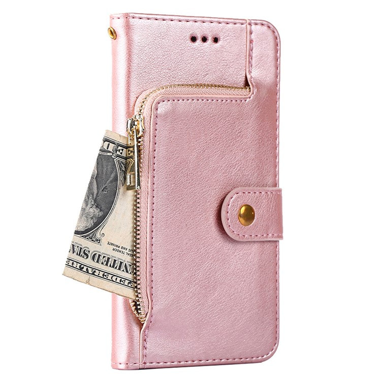 For vivo Y35m+ 5G / Y35+ 5G Zipper Pocket Phone Cover PU Leather Phone Stand Case Wallet with Strap - Rose Gold