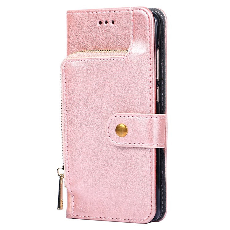 For vivo Y35m+ 5G / Y35+ 5G Zipper Pocket Phone Cover PU Leather Phone Stand Case Wallet with Strap - Rose Gold