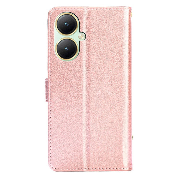 For vivo Y35m+ 5G / Y35+ 5G Zipper Pocket Phone Cover PU Leather Phone Stand Case Wallet with Strap - Rose Gold