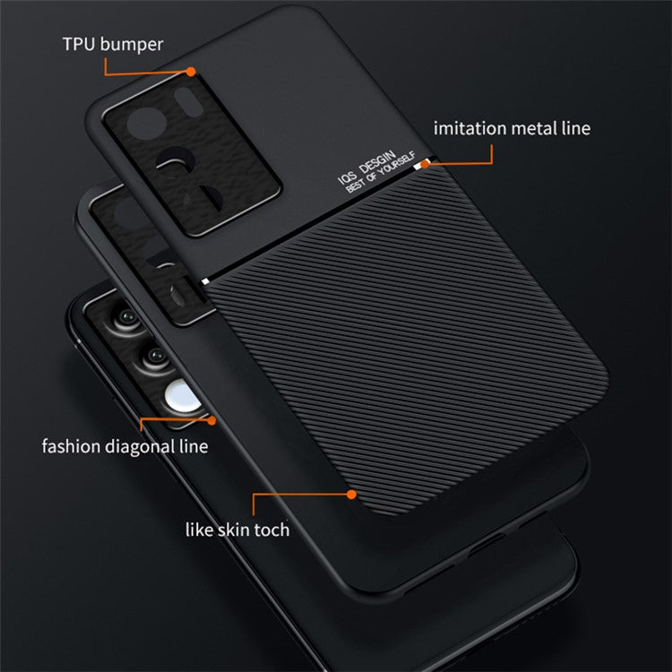 Lines Imprinted Leather+TPU Case for vivo S17 5G / S17 Pro 5G , Magnetic Holder Metal Sheet Phone Cover - Black