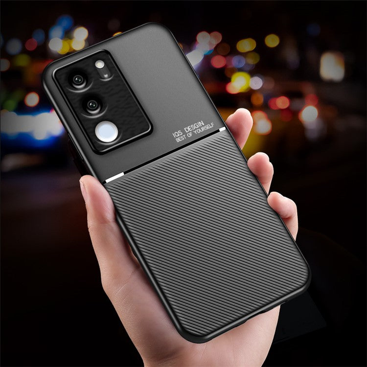 Lines Imprinted Leather+TPU Case for vivo S17 5G / S17 Pro 5G , Magnetic Holder Metal Sheet Phone Cover - Black