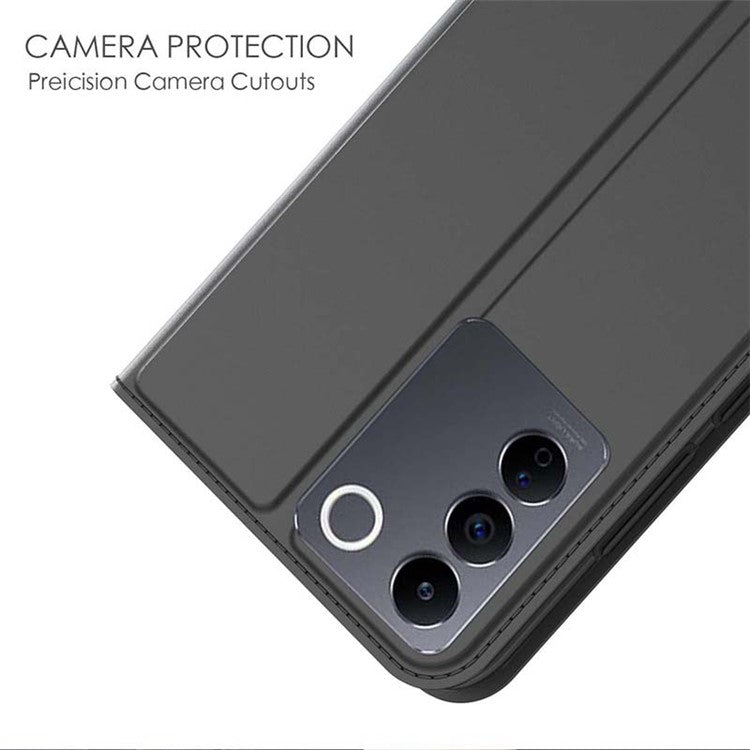 For vivo V27e 5G Phone Cover Card Storage Slot PU Leather Stand Anti-Fingerprint Flip Phone Case - Black