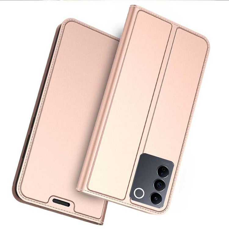 For vivo V27e 5G Phone Cover Card Storage Slot PU Leather Stand Anti-Fingerprint Flip Phone Case - Rose Gold