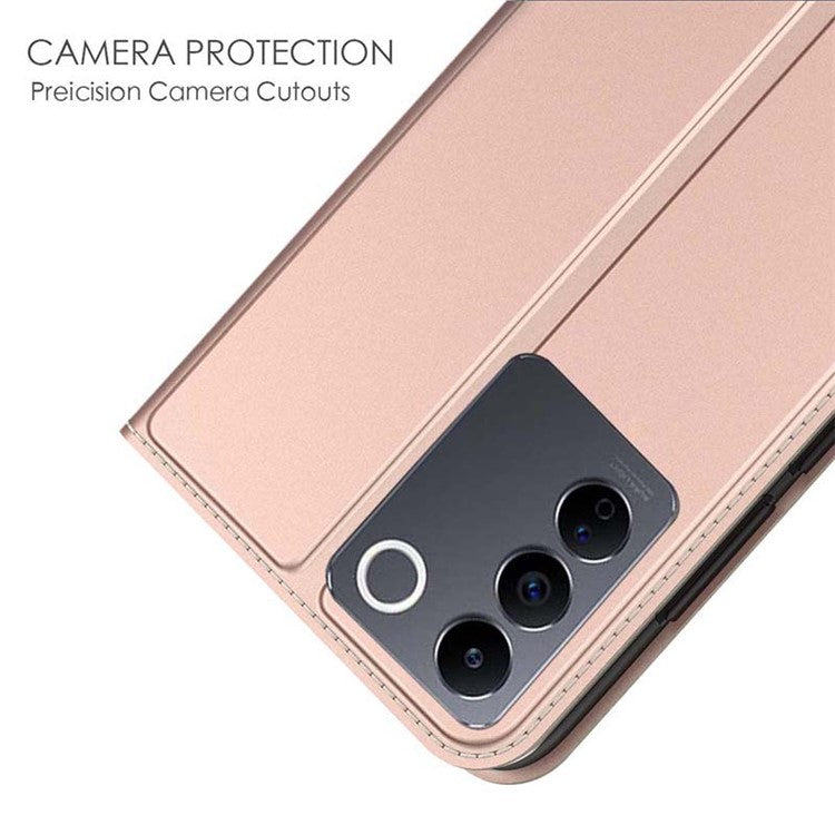 For vivo V27e 5G Phone Cover Card Storage Slot PU Leather Stand Anti-Fingerprint Flip Phone Case - Rose Gold