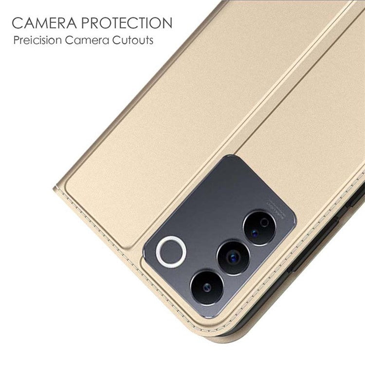 For vivo V27e 5G Phone Cover Card Storage Slot PU Leather Stand Anti-Fingerprint Flip Phone Case - Gold