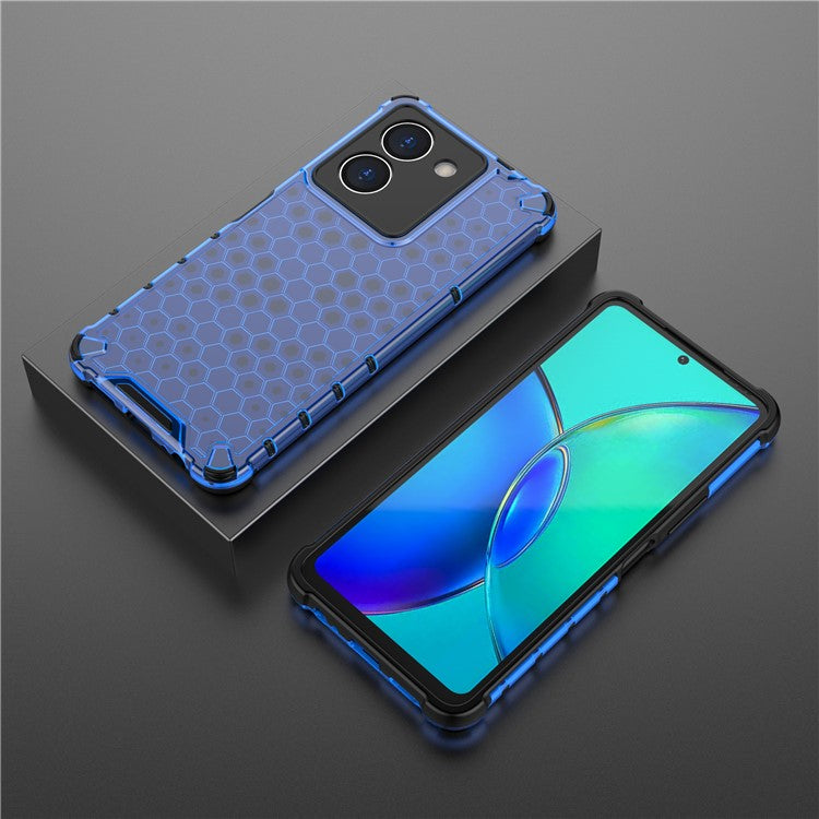 For vivo Y36 4G (Global) Honeycomb Texture Phone Case TPU+PC Anti-scratch Back Cover - Blue