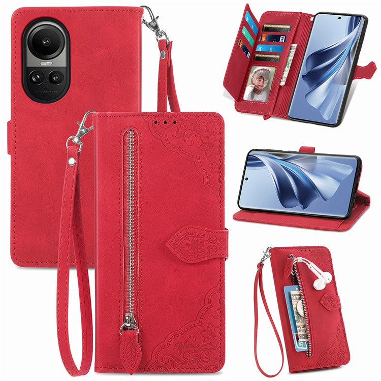 Zipper Pocket Phone Leather Case for Oppo Reno10 5G (Global) Wallet Stand Flower Imprinted Phone Cover - Red