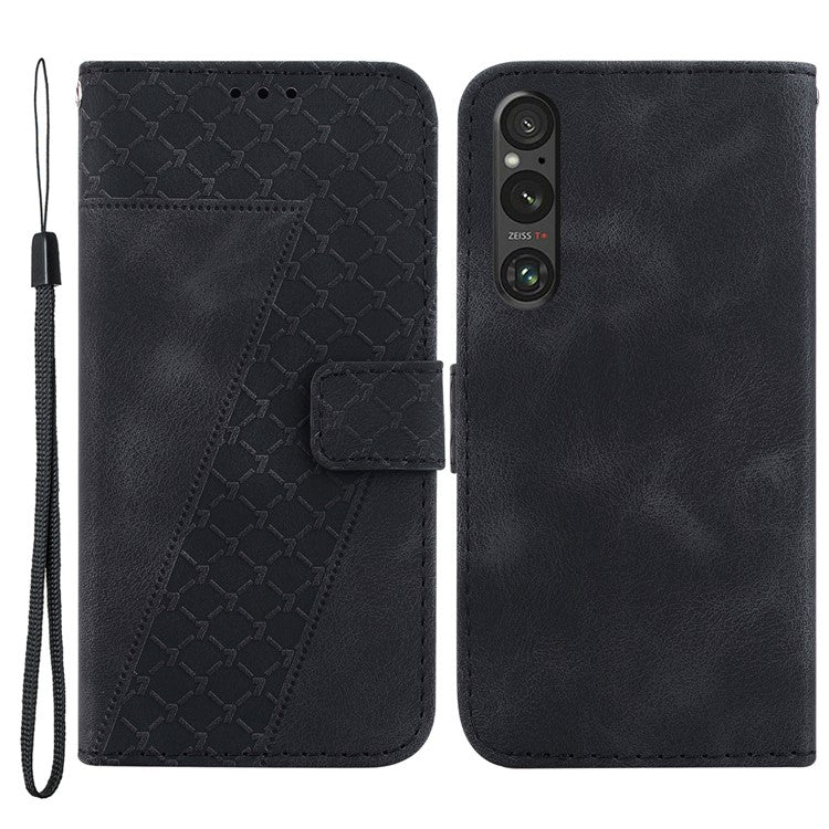 7-Shape Imprinted Phone Wallet Case for Sony Xperia 1 V , PU Leather Stand Smartphone Cover - Black